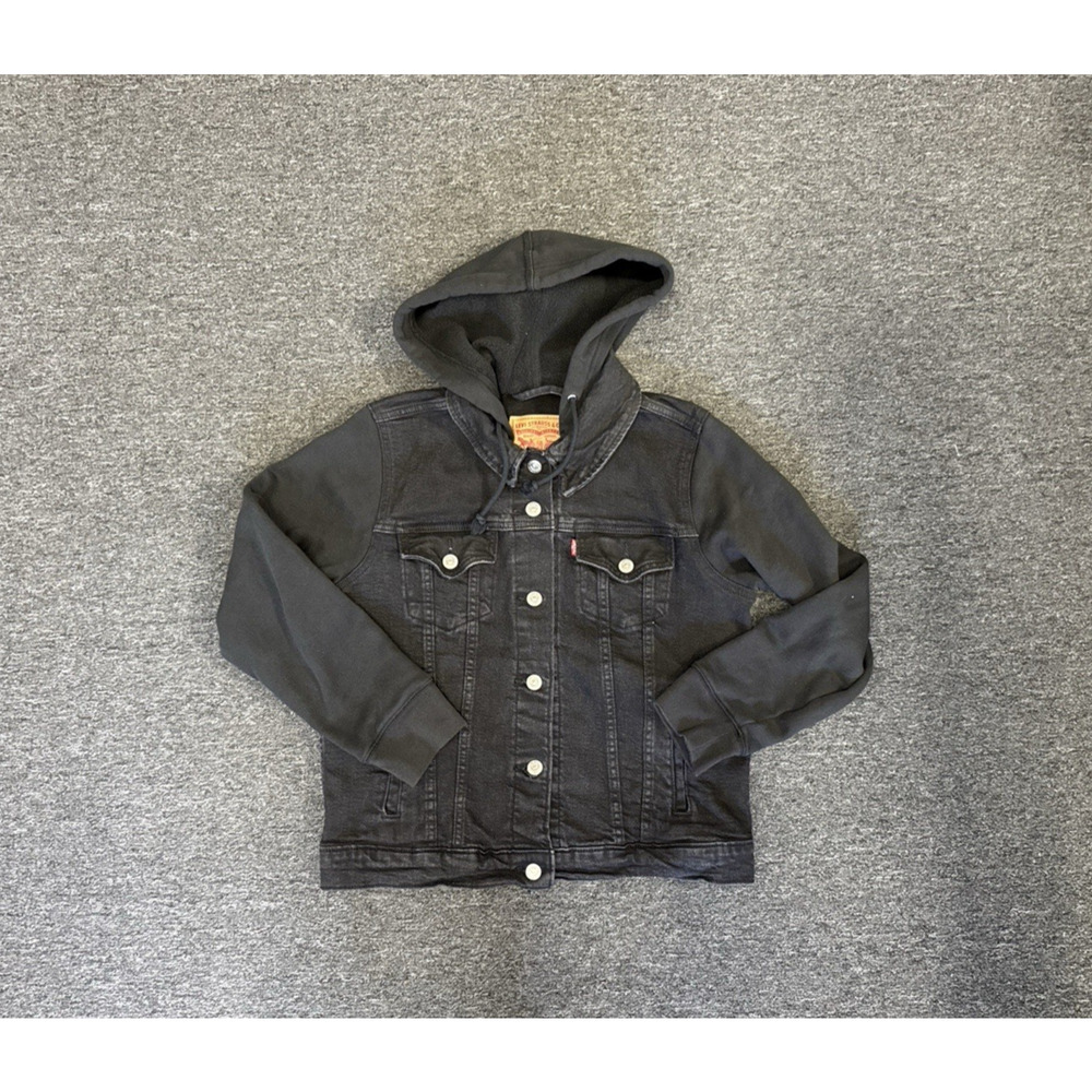 Levis Fit Hybrid Hooded Denim Trucker Hoodie Jean Jacket Black Size Women’s L